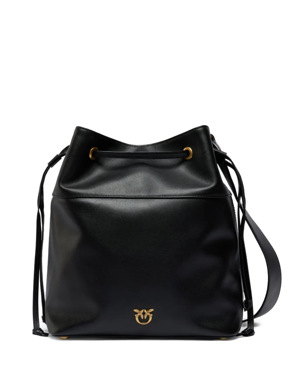 Pinko Drawstring Leather Medium Bucket Bag In Black
