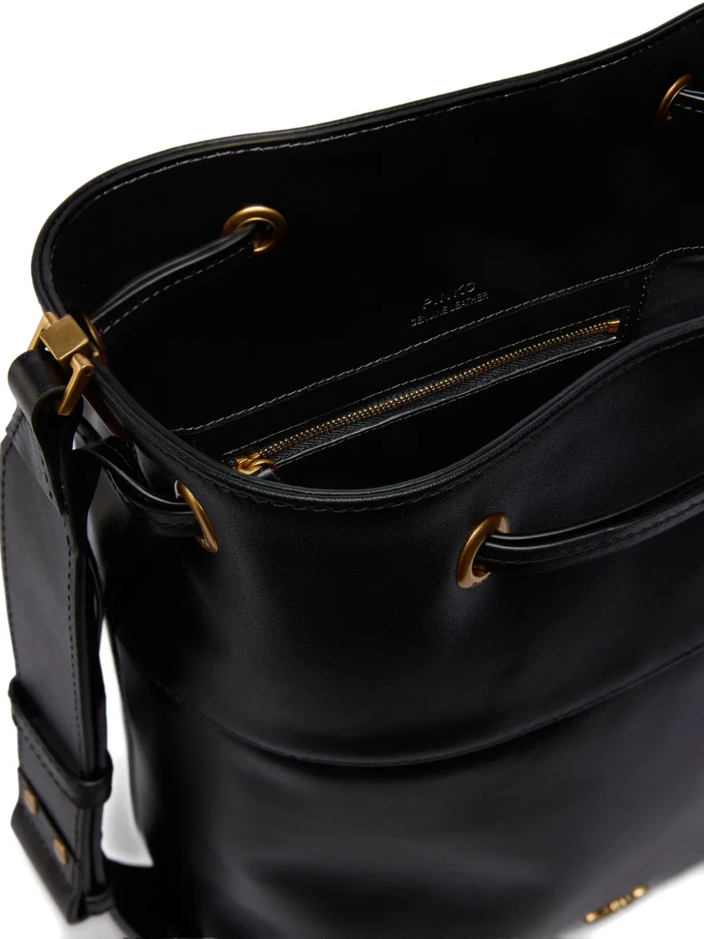 Pinko Drawstring Leather Medium Bucket Bag In Black