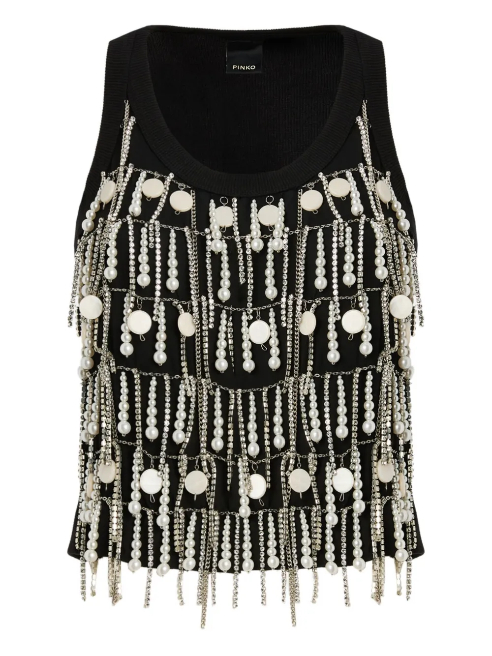 Pinko Top With Rhinestones And Jewel Chain In Black