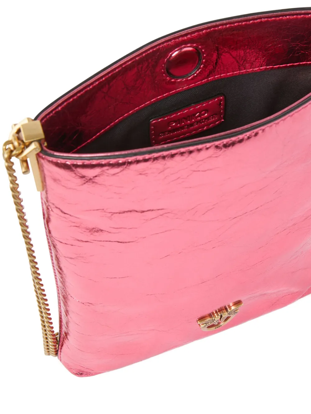 Pinko Flat Laminated Leather Bucket Bag With Shoulder Strap In Pink