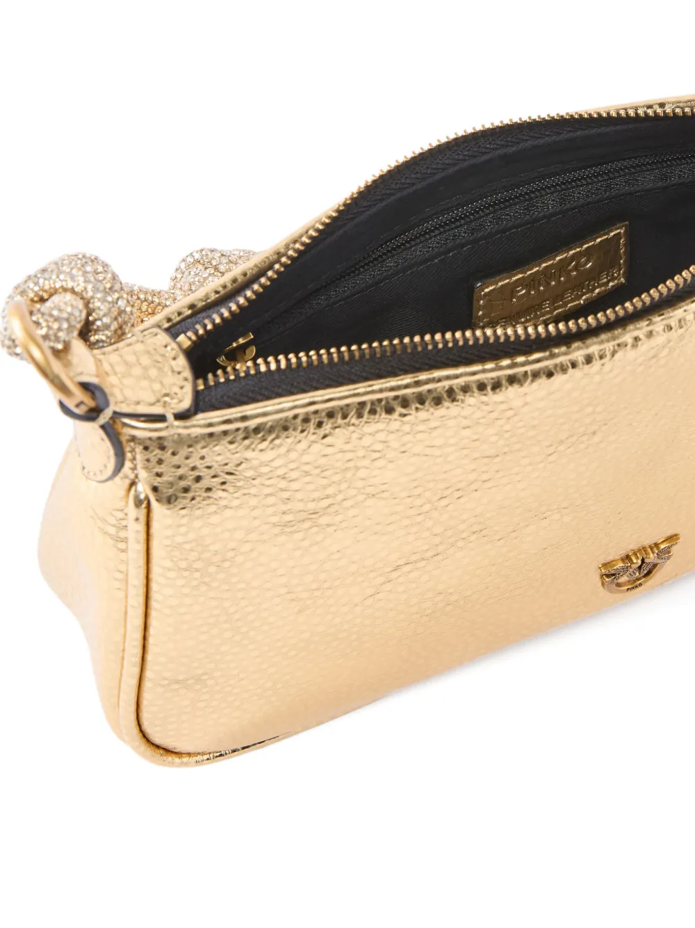 Pinko Mini Half Moon Baguette Small Handbag In Laminated Leather With Rhinestones In Gold