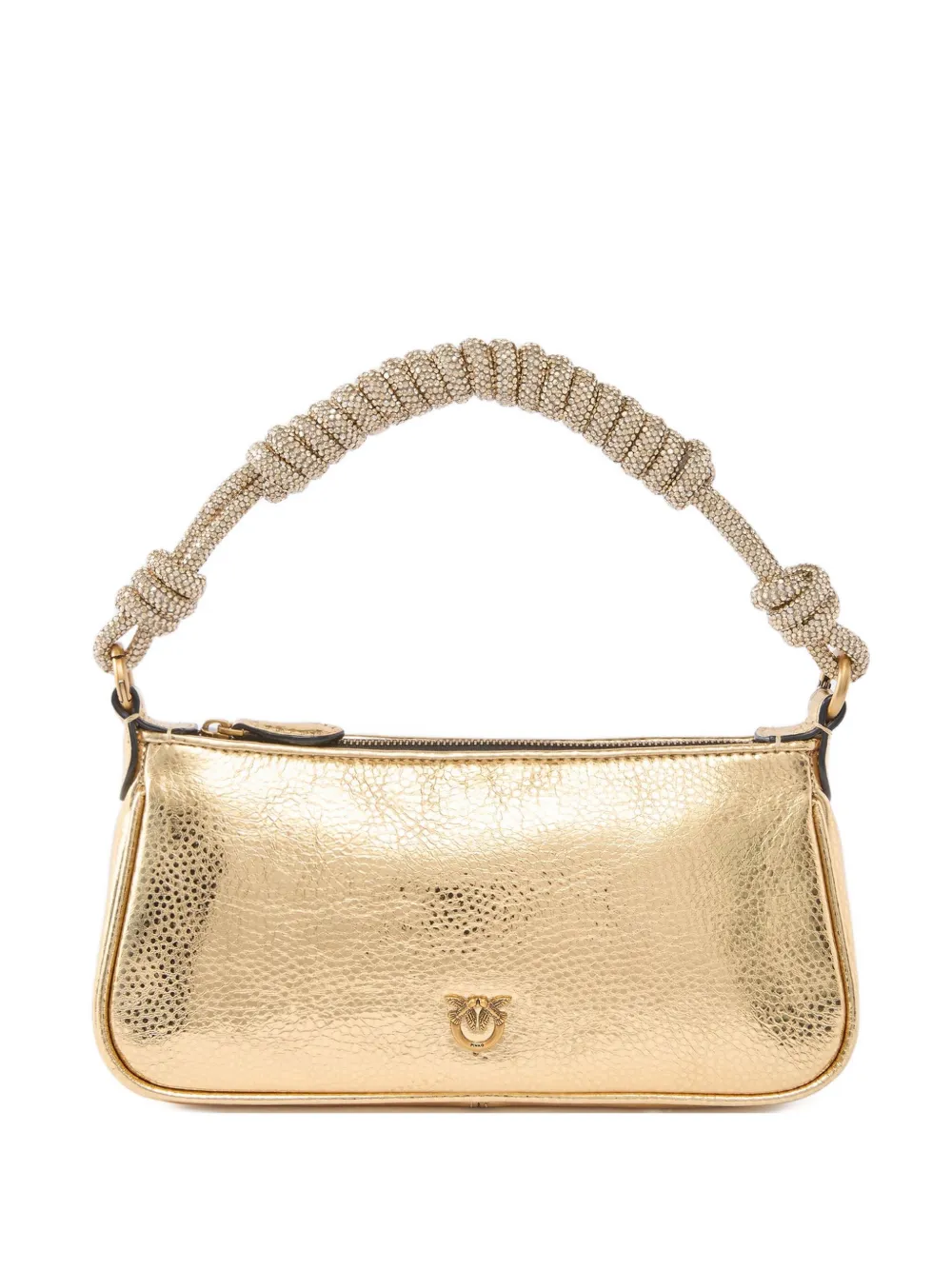 Pinko Mini Half Moon Baguette Small Handbag In Laminated Leather With Rhinestones In Gold