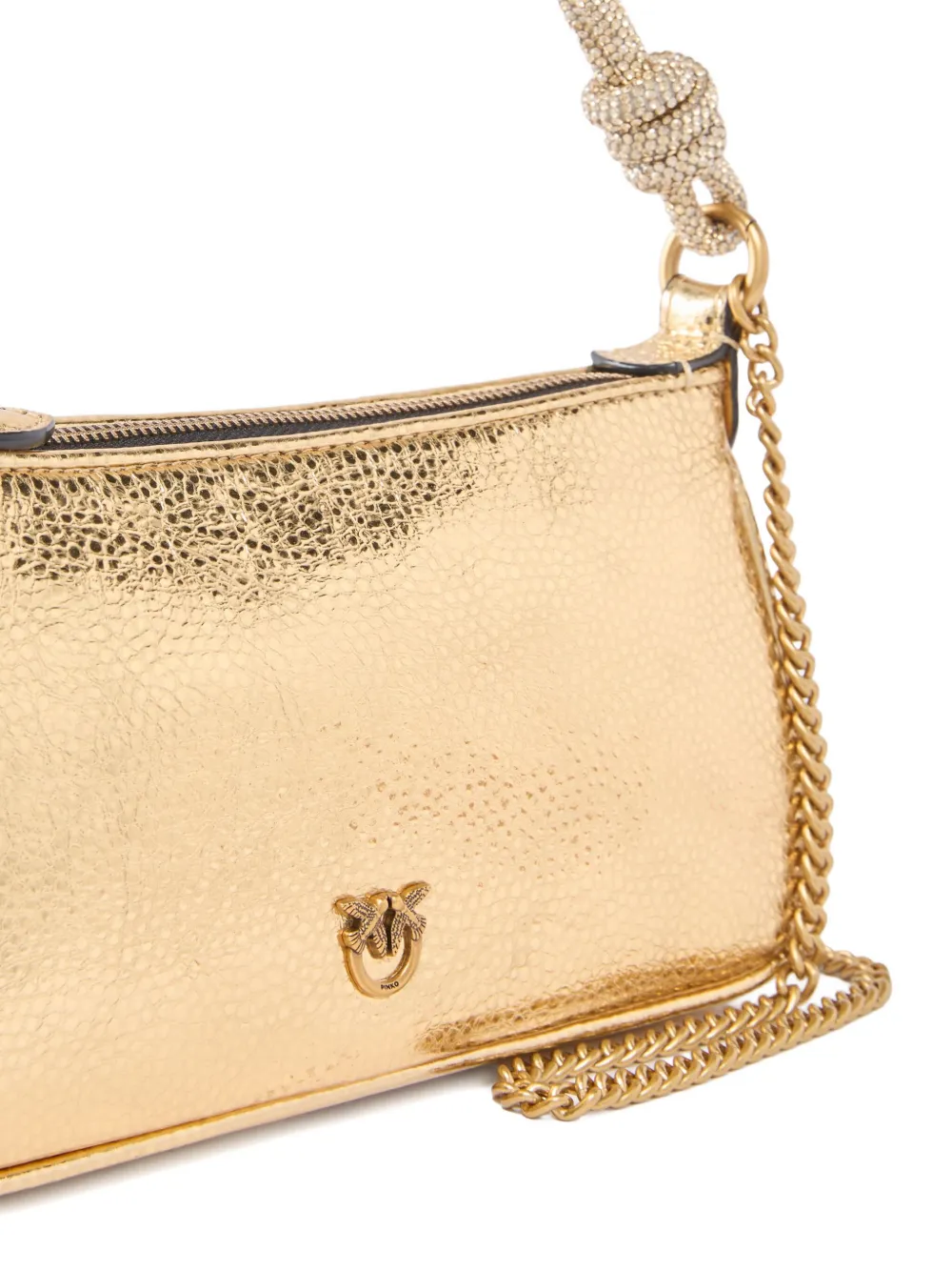 Pinko Mini Half Moon Baguette Small Handbag In Laminated Leather With Rhinestones In Gold