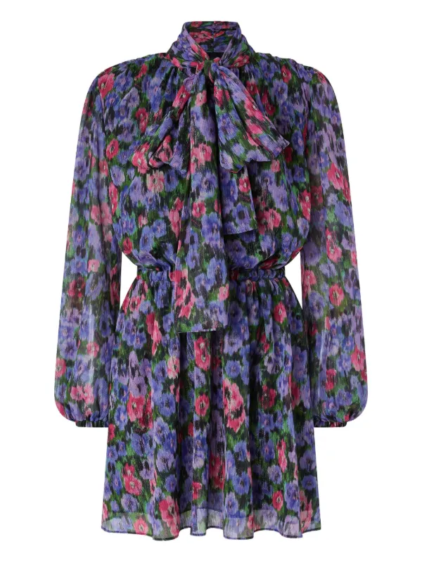 pinko flower dress PINKO floral-print tie-neck Mini Dress | Purple