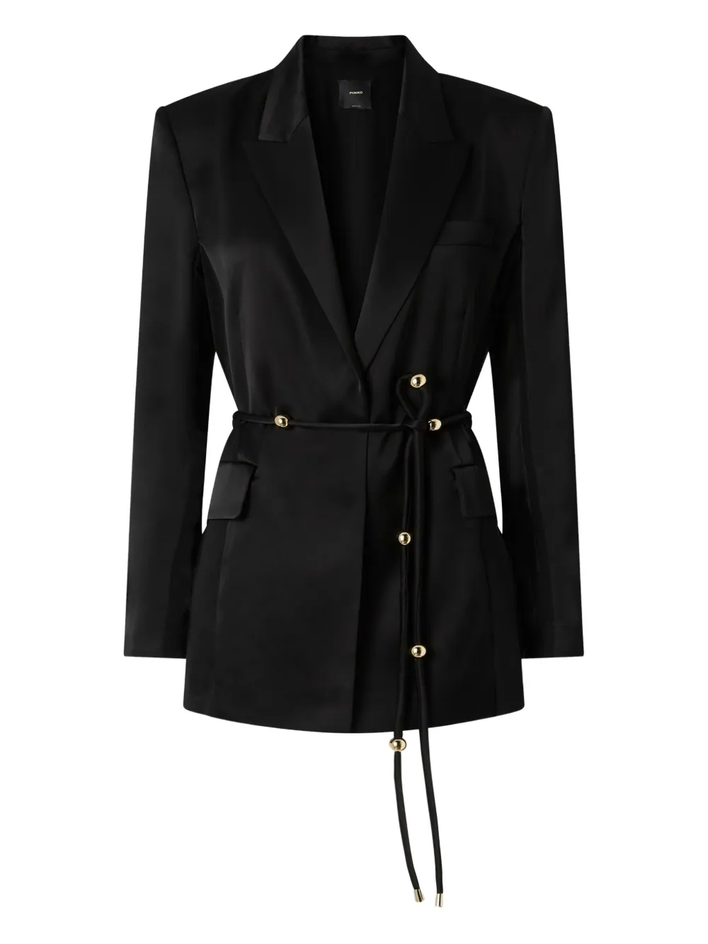 Pinko Glossy Satin Blazer With Belt And Sphere Accent In Black
