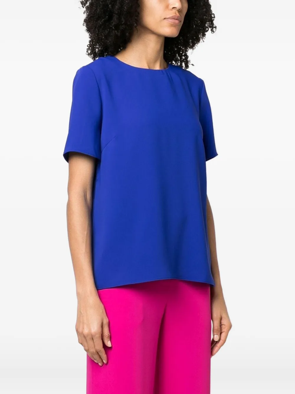 P.a.r.o.s.h Rear Slit Drop Shoulder Keyhole Round Neck Short Sleeve In Blue