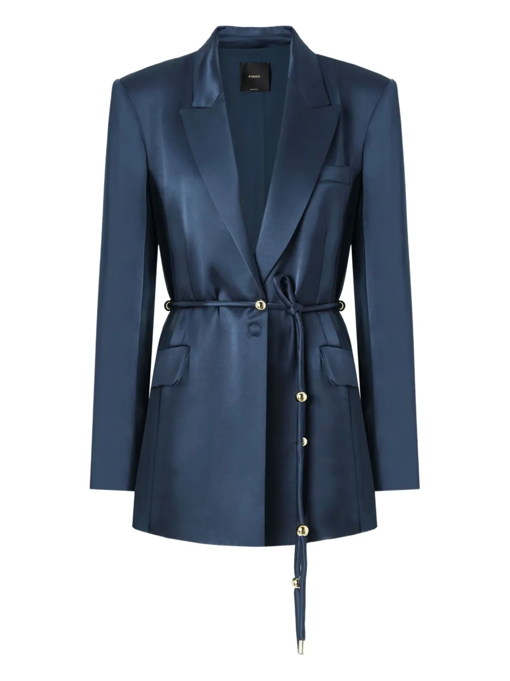 Pinko Glossy Satin Blazer With Belt And Sphere Accent In Blue