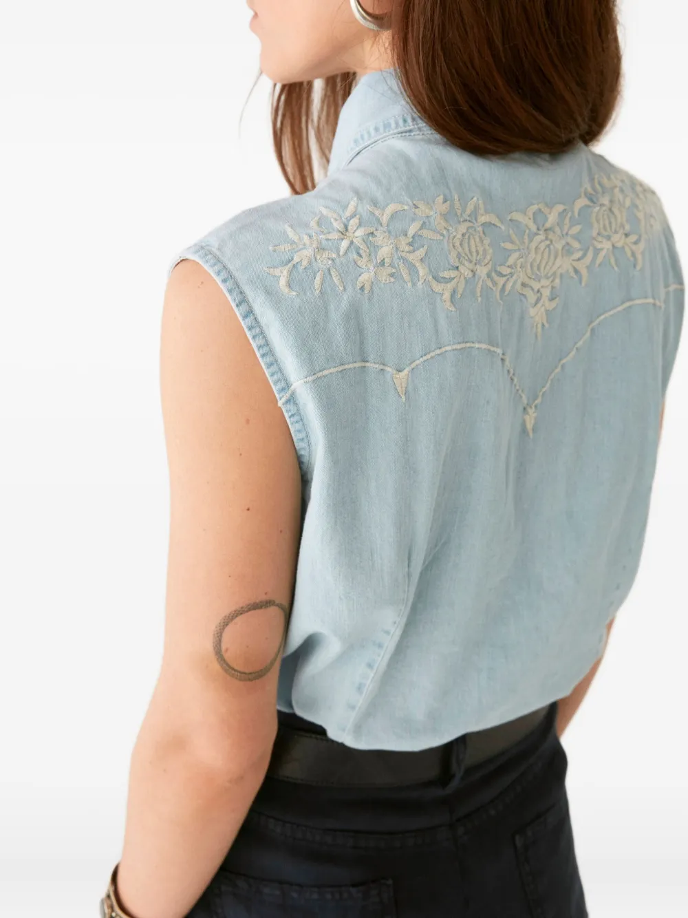 Maison Hotel Dallas Collared Sleeveless Blouse In Mustang Blue In Blue