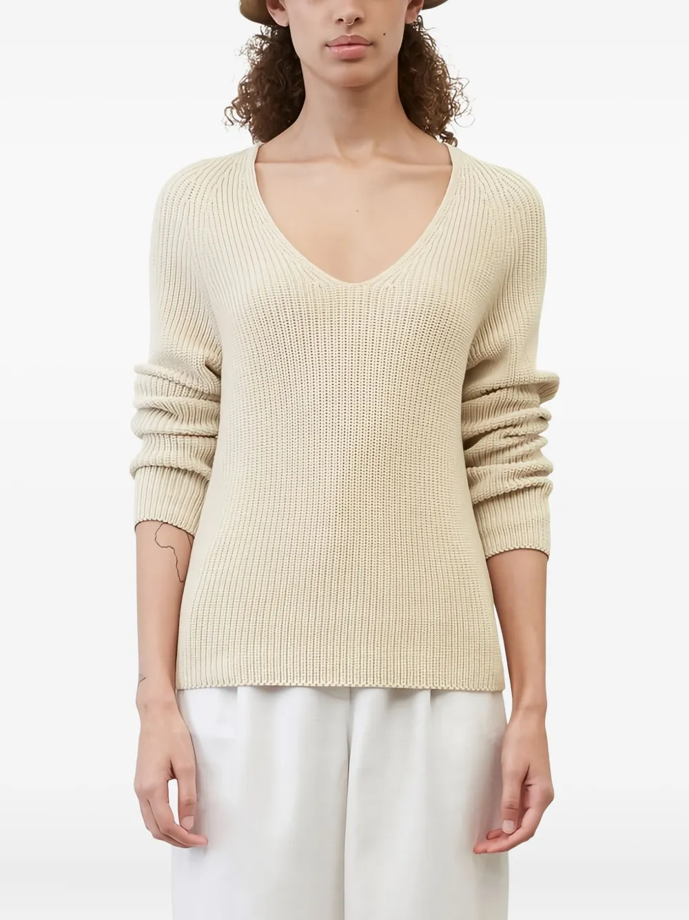 Marc O'Polo Geribbelde sweater met V-hals Beige