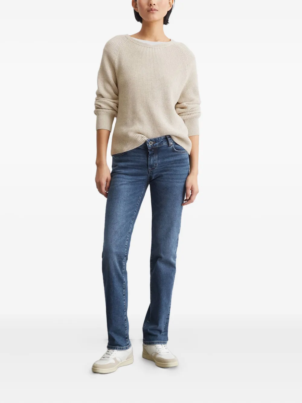 Marc O'Polo Trui met geribbelde ronde hals Beige