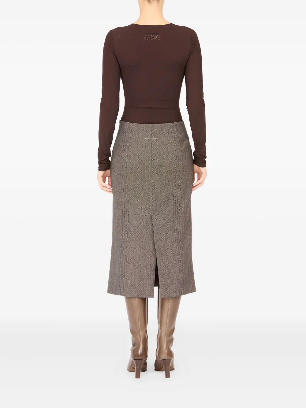 Mm6 Maison Margiela High Waist Midi Skirt With Back Slit In Brown
