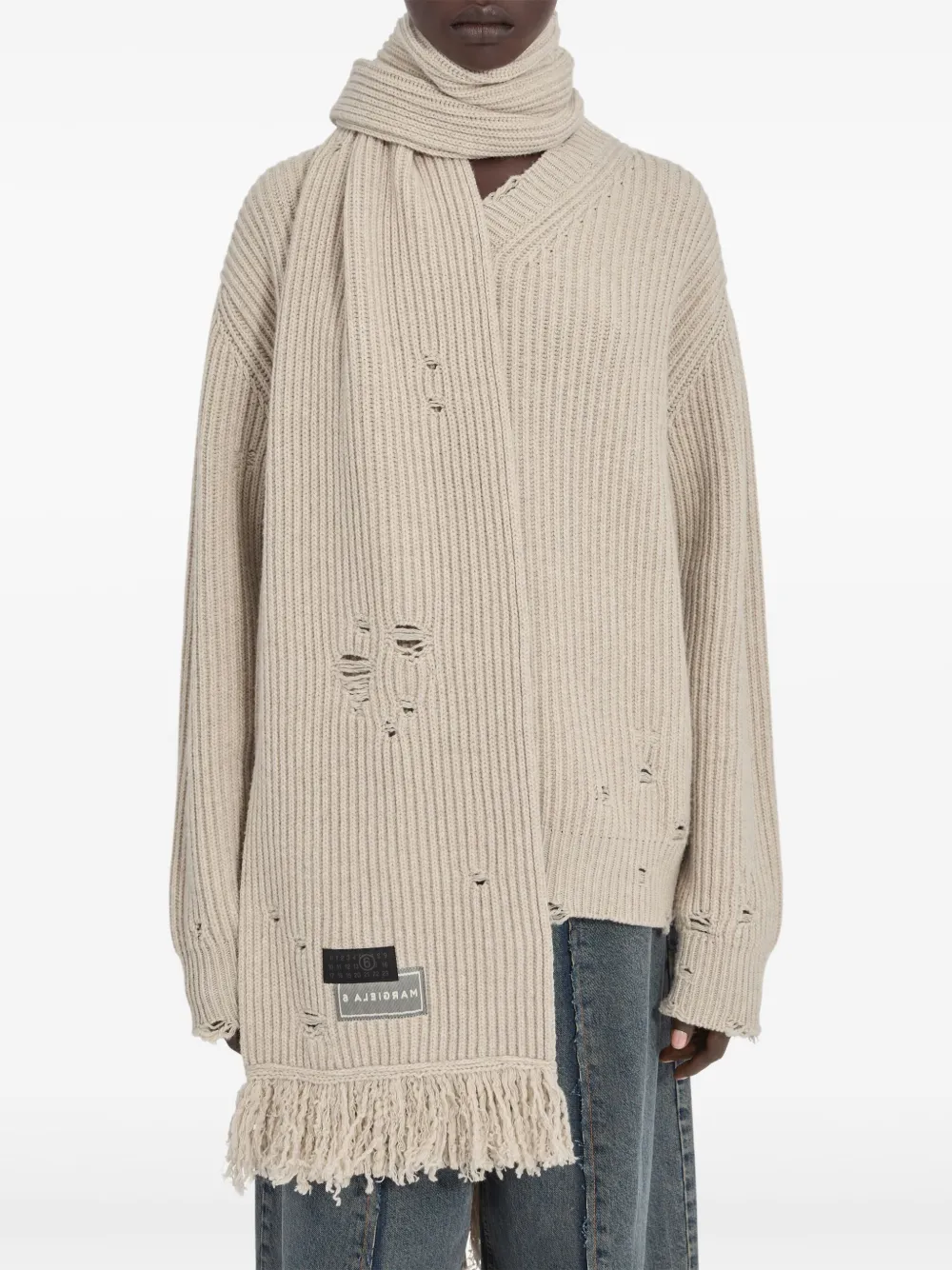 MM6 Maison Margiela ribbed frayed-edge scarf Beige