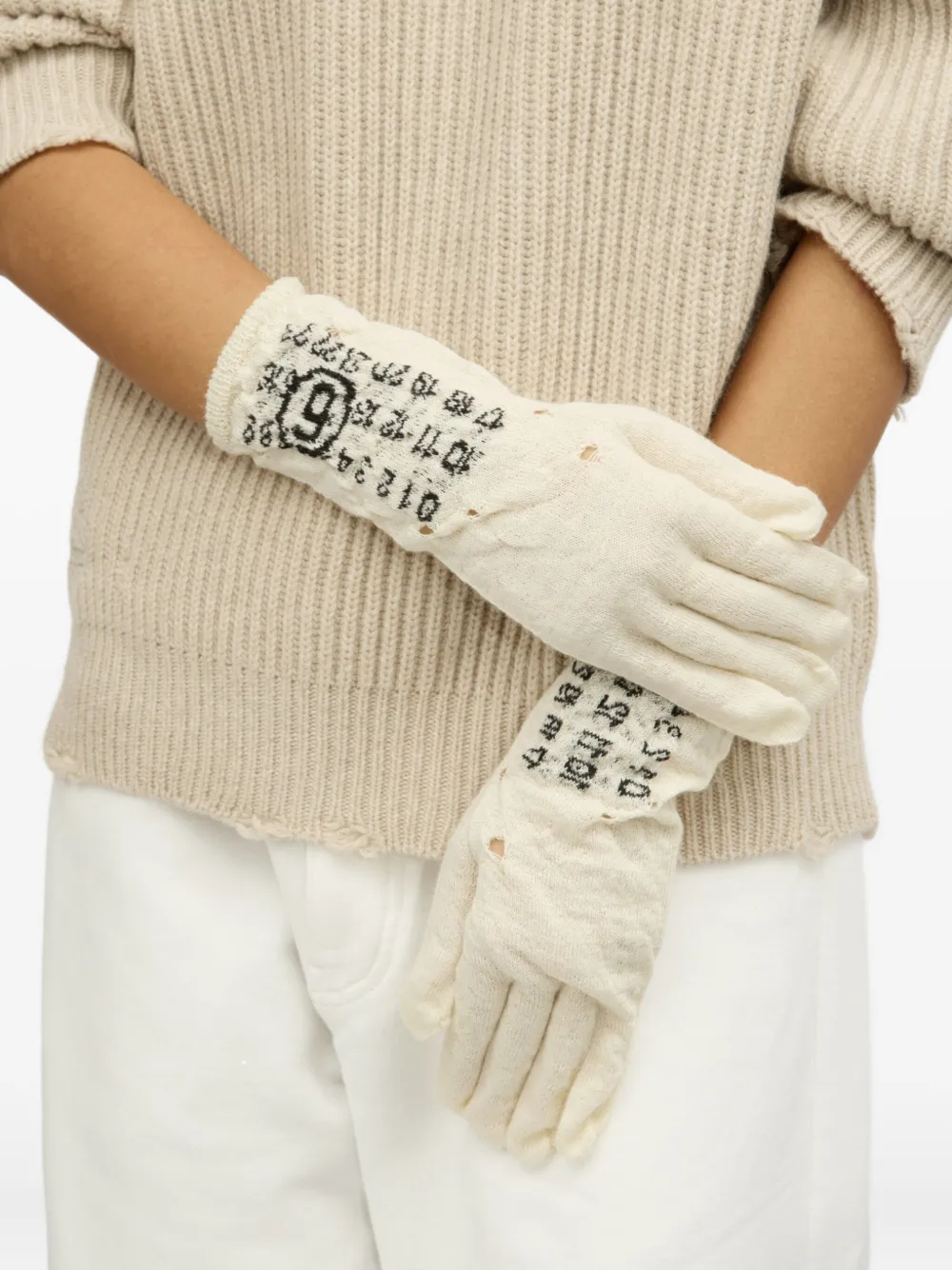 MM6 Maison Margiela Gebreide handschoenen met Numbers-patroon Wit