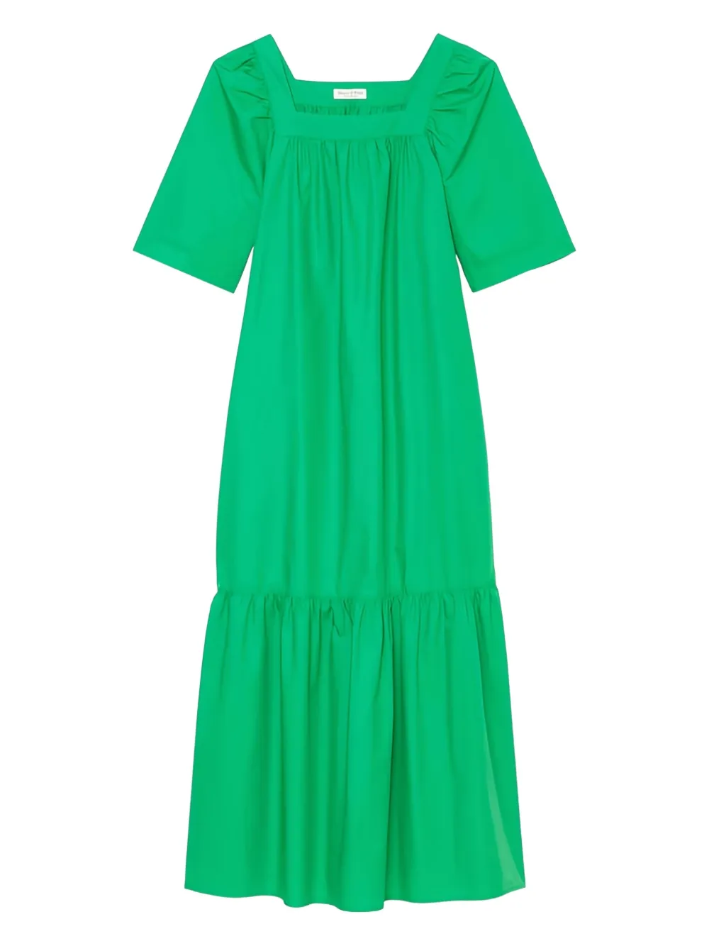 puff-sleeve tiered midi dress