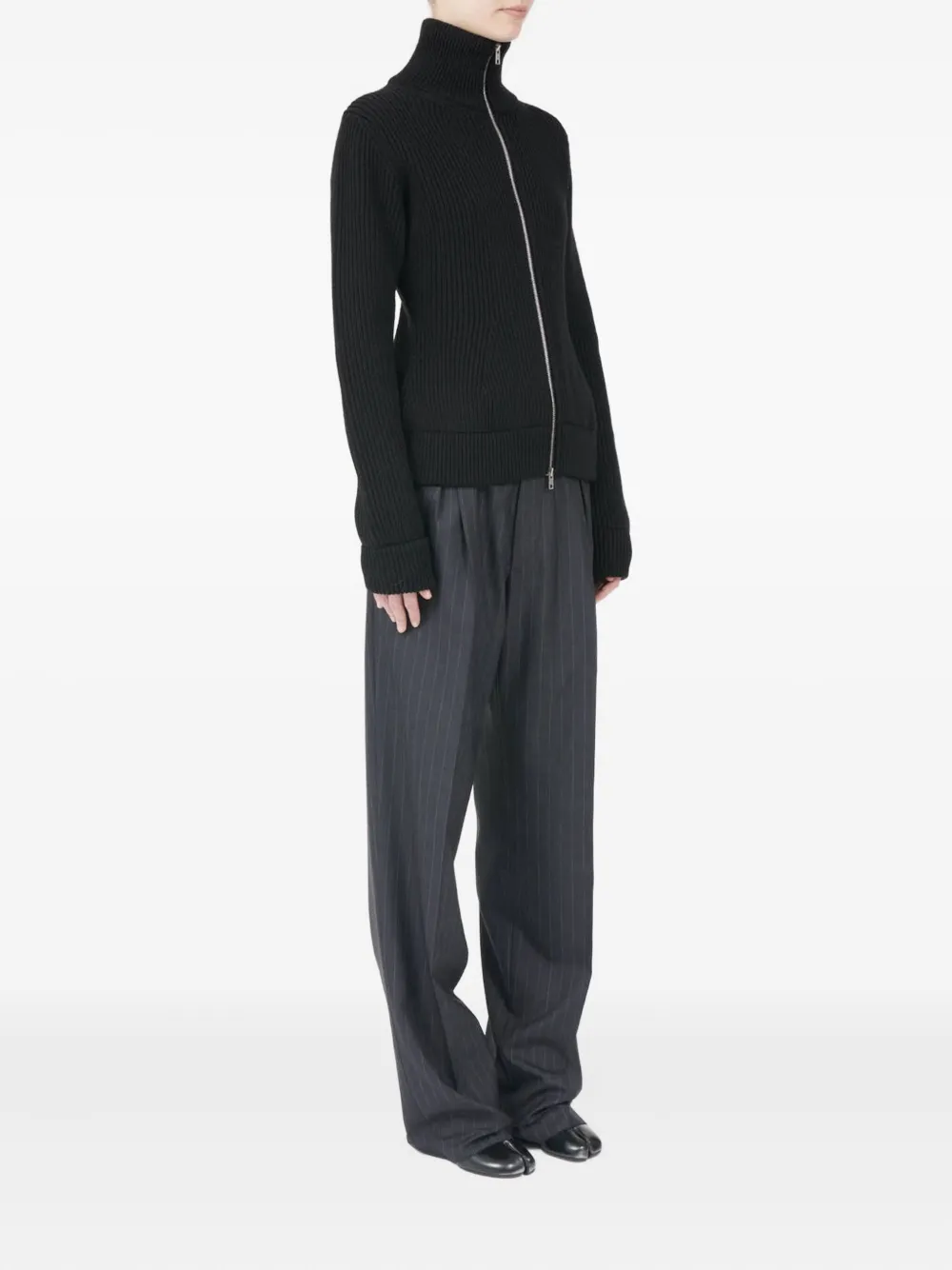 Maison Margiela Full-zip Wool Ribbed Cardigan Clothing In Black