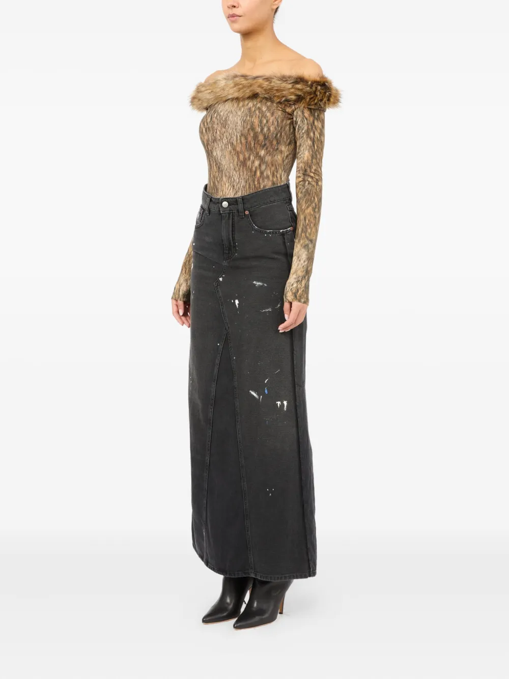 paint-splatter denim skirt