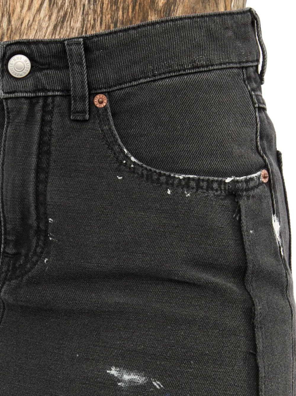 paint-splatter denim skirt