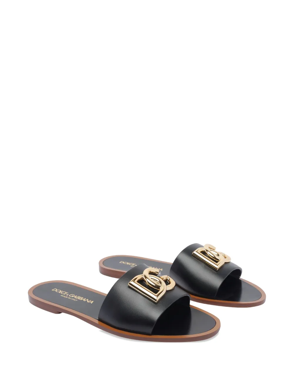 Dolce & Gabbana Flat Leather Slide Sandals With Front Embellishment In Black