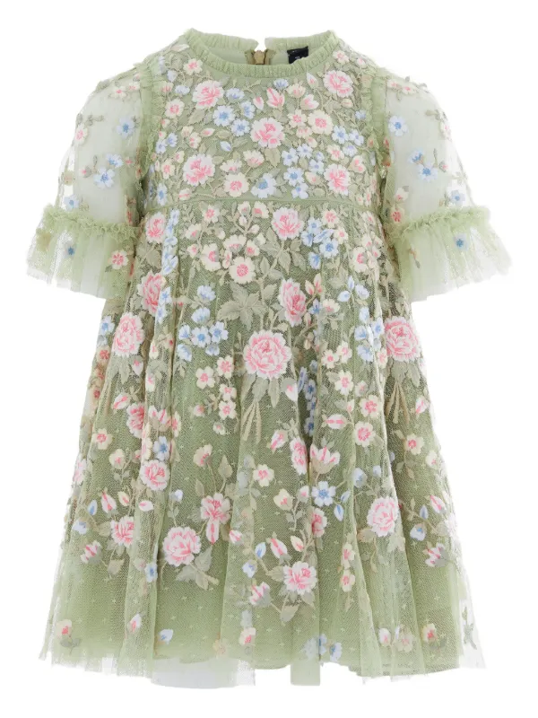 NEEDLE THREAD KIDS Robe En Tulle à Fleurs Brodées Vert