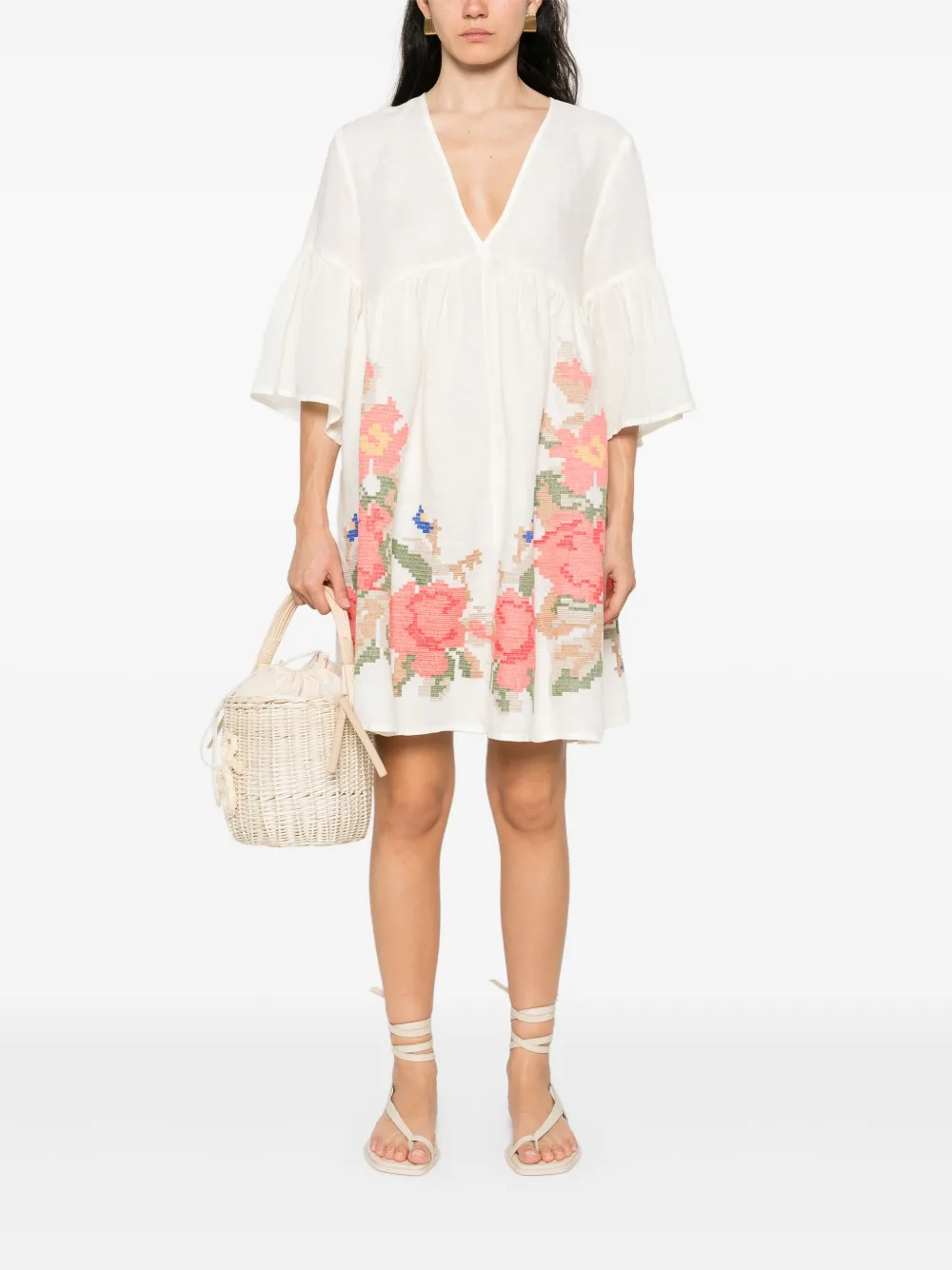 GREEK ARCHAIC KORI rose-embroidered dress - Beige
