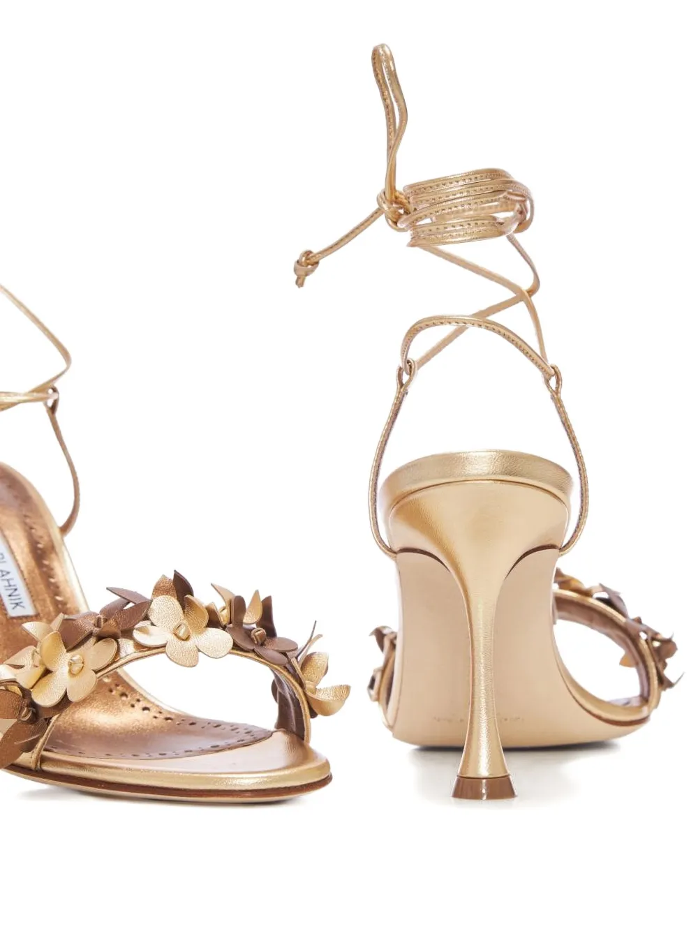 Manolo Blahnik 90mm Anista flower-embellished lace-up sandals Yellow