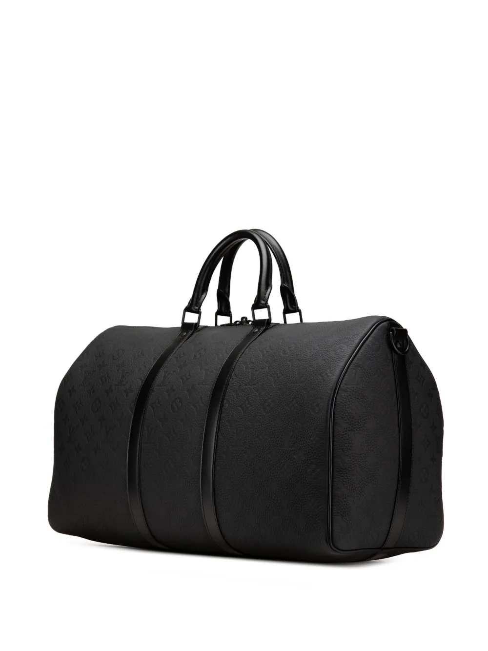 Pre-owned Louis Vuitton 2021-2025 Monogram Taurillon Keepall Bandouliere 50 Travel Bag In Black