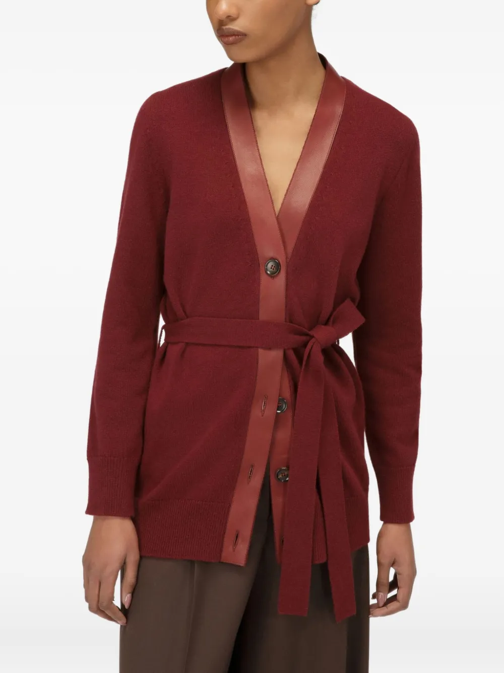 Bally leather-trimmed belted cardigan Rood