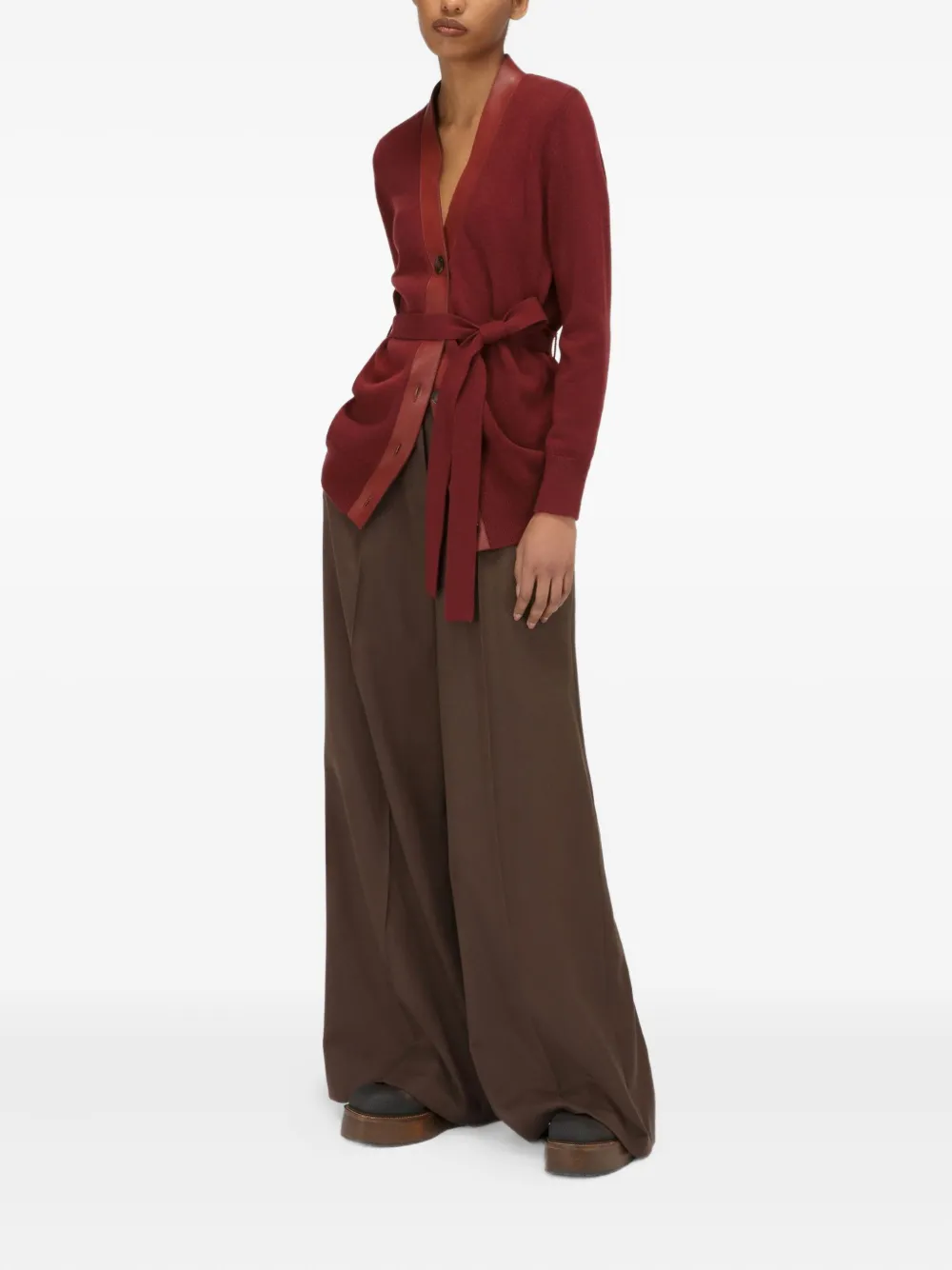 Bally leather-trimmed belted cardigan Rood