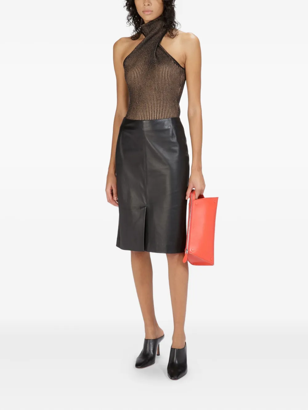 Bally Leren straight midi-rok met split Zwart