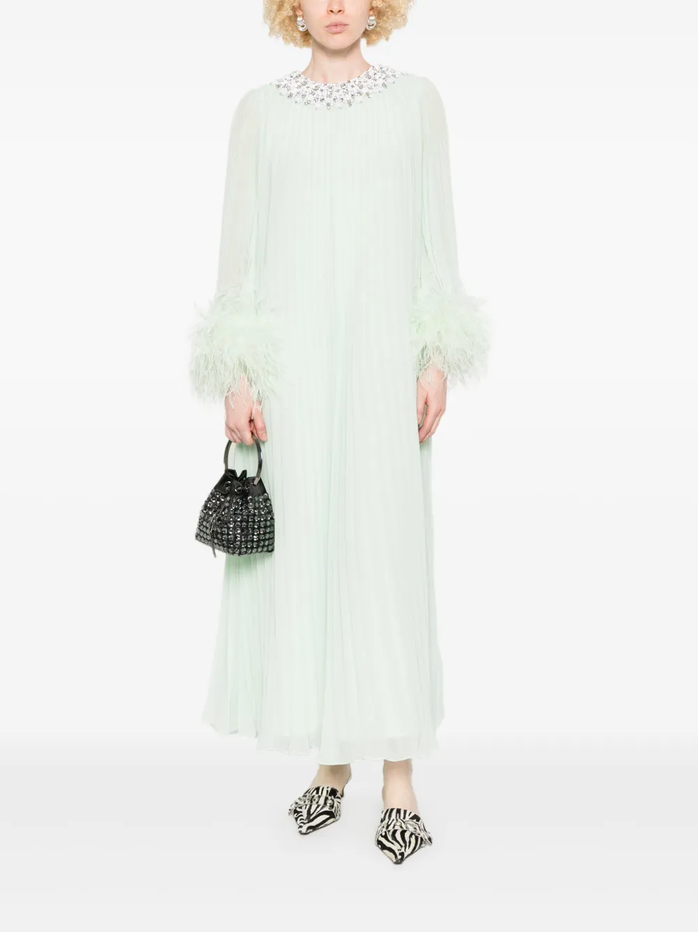 Self-Portrait Chiffon jurk met veren afwerking - Groen