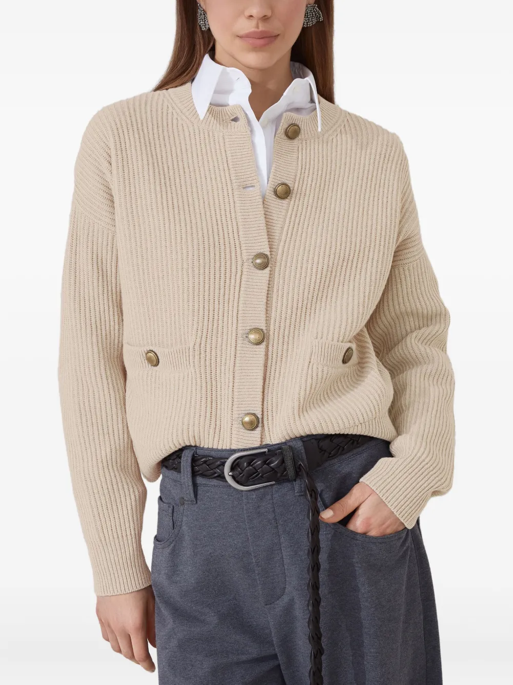 Brunello Cucinelli English button-up ribgebreid vest Beige