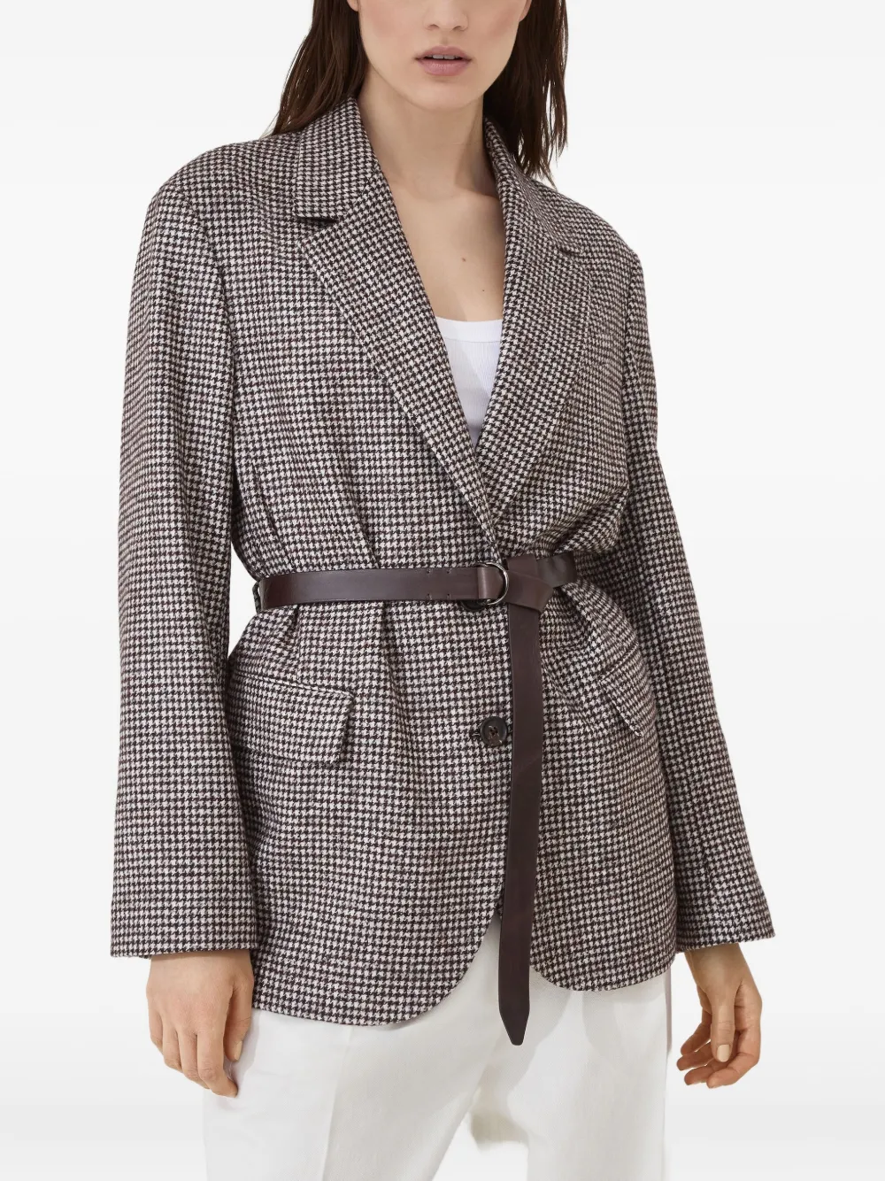 Brunello Cucinelli Blazer met pied-de-poule print en ceintuur Bruin