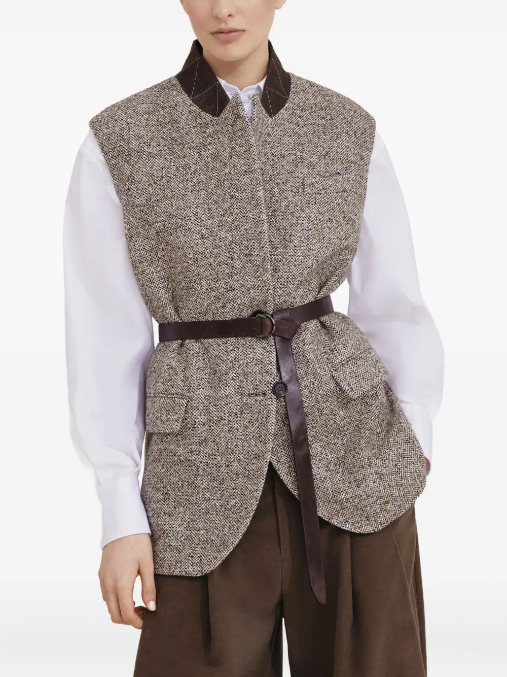 Brunello Cucinelli Flecked top met ceintuur en textuur Bruin