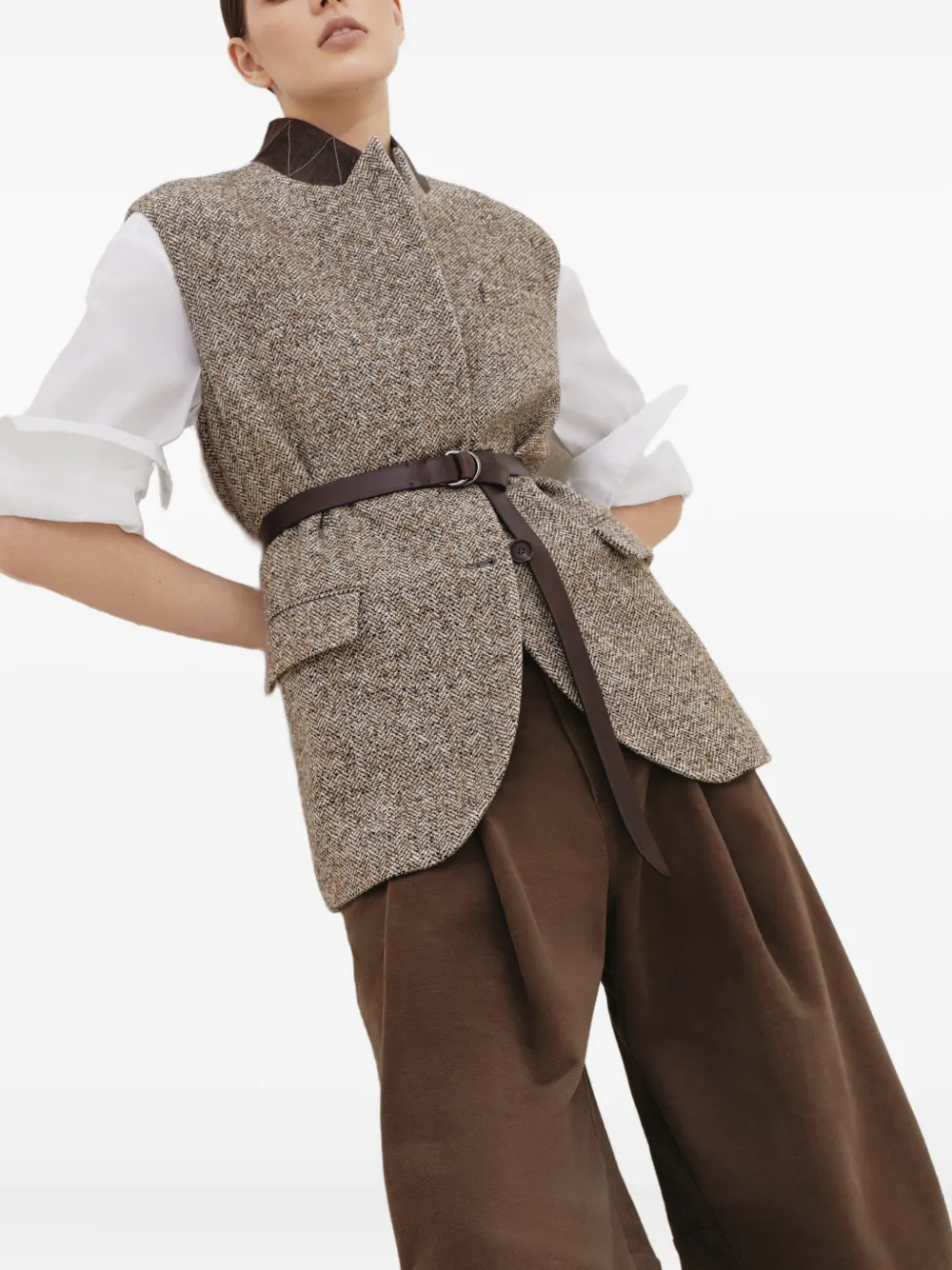 Brunello Cucinelli Flecked top met ceintuur en textuur Bruin