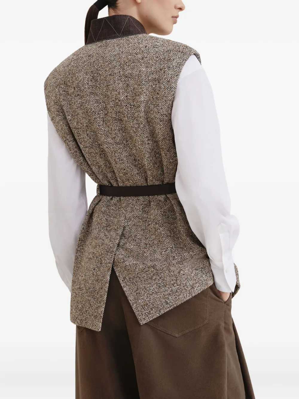 Brunello Cucinelli Flecked top met ceintuur en textuur Bruin