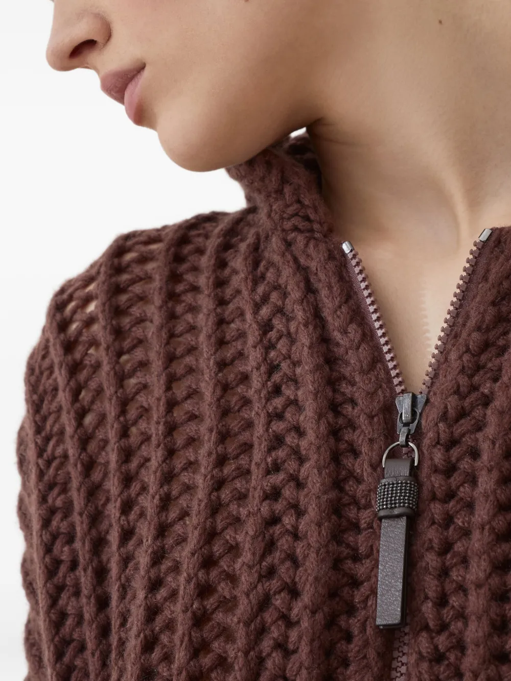 Brunello Cucinelli Ribbed Openwork Cardigan In Brown