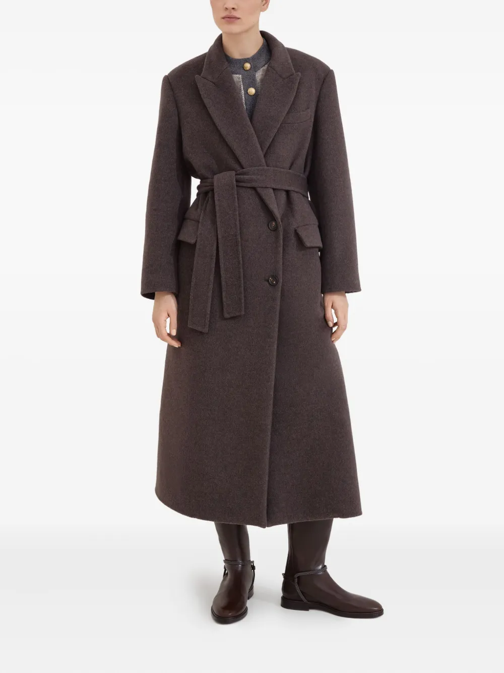 Brunello Cucinelli Jas met ceintuur en dubbele rij knopen Bruin