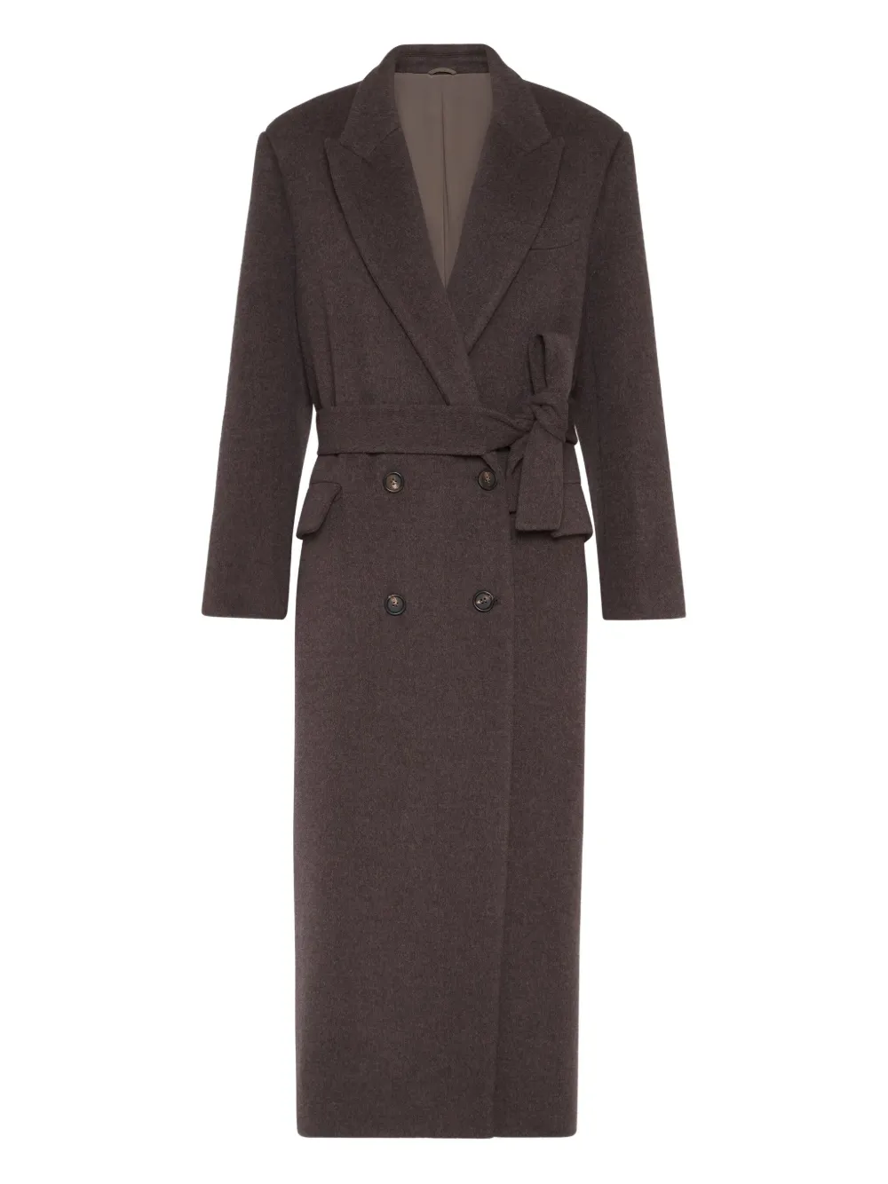 Brunello Cucinelli Jas met ceintuur en dubbele rij knopen Bruin