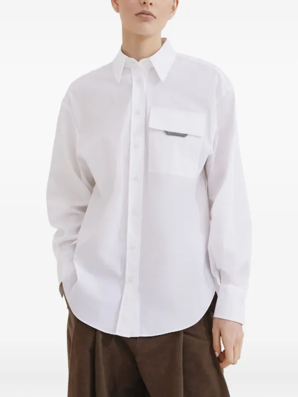 BRUNELLO CUCINELLI 白コットンストレッチ長袖シャツ Brunello Cucinelli long-sleeved Poplin Shirt | White | FARFETCH SG
