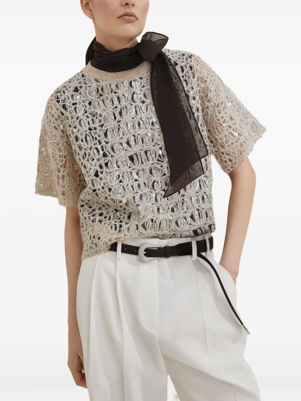 Brunello Cucinelli T-shirt met pailletten Beige