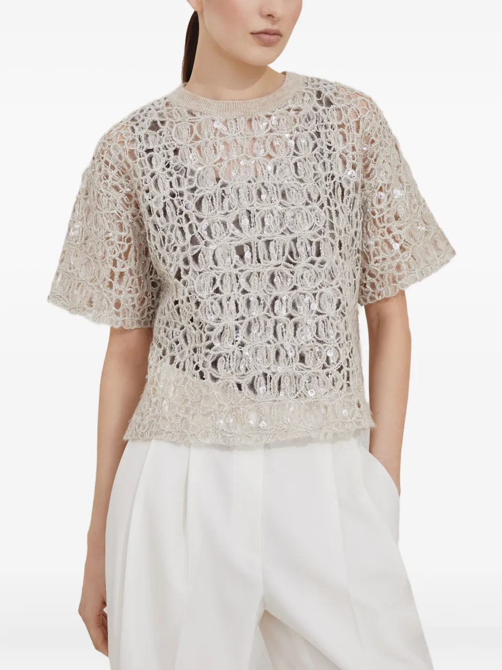 Brunello Cucinelli T-shirt met pailletten Beige