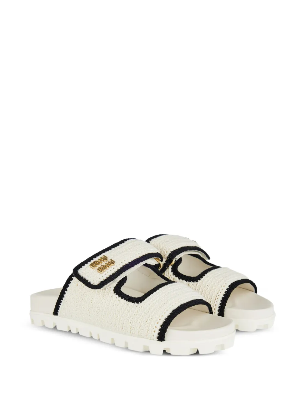 Miu crochet-effect double-strap slides Beige