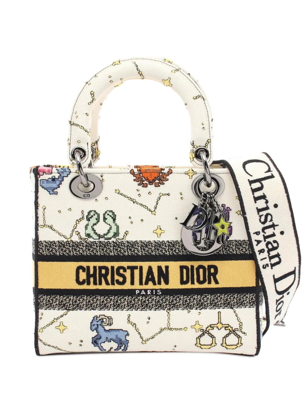 Christian Dior Pre-Owned 2011-2024 Medium Embroidered Canvas Pixel Zodiac Lady D Lite satchel | White | Image 1