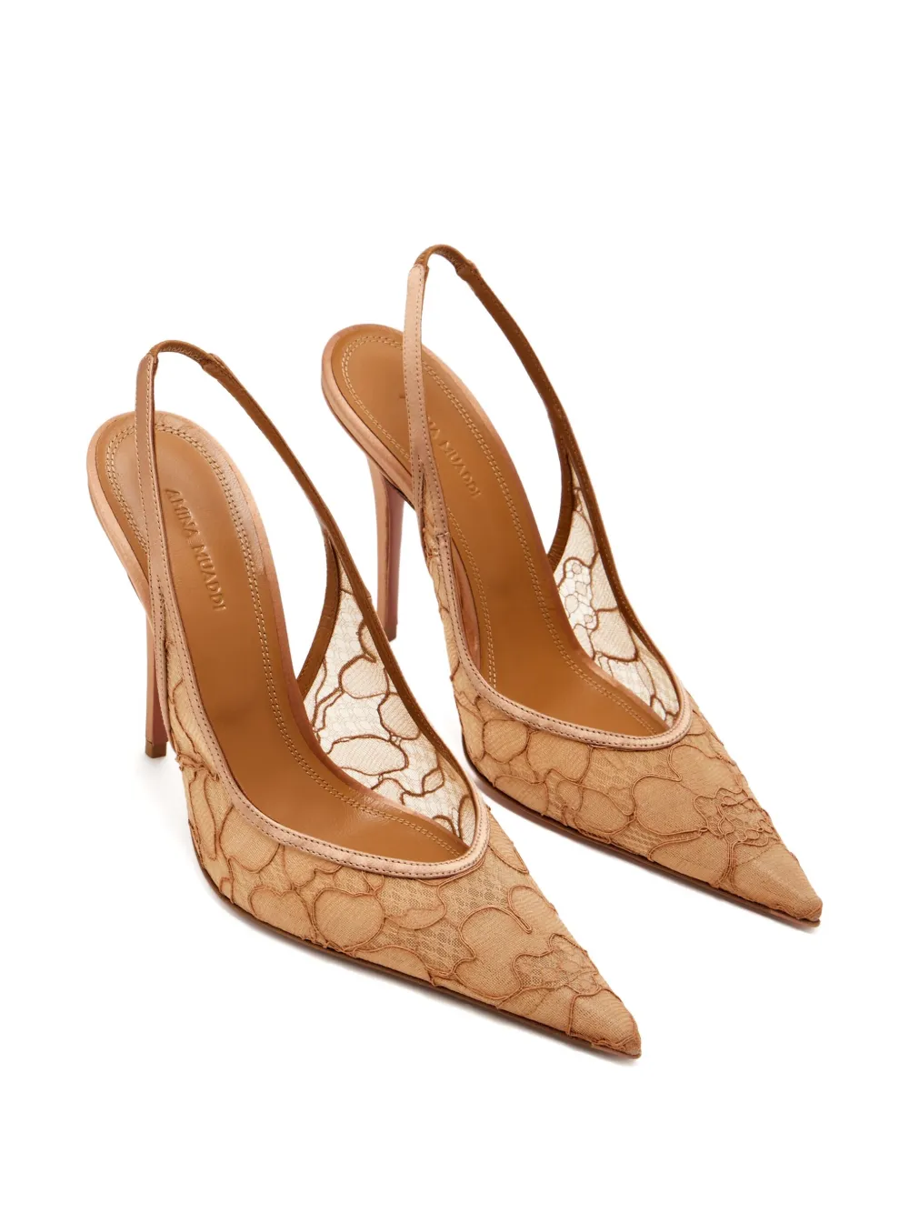 Amina Muaddi 105 mm Anok slingback pumps met kant Beige