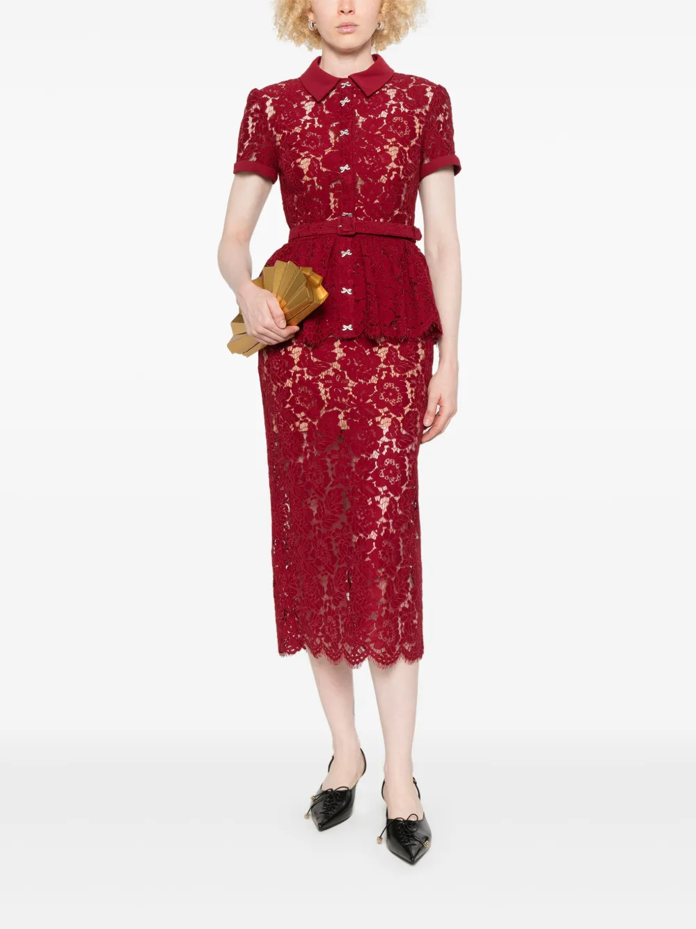 Self-Portrait Peplum jurk met kant - Rood