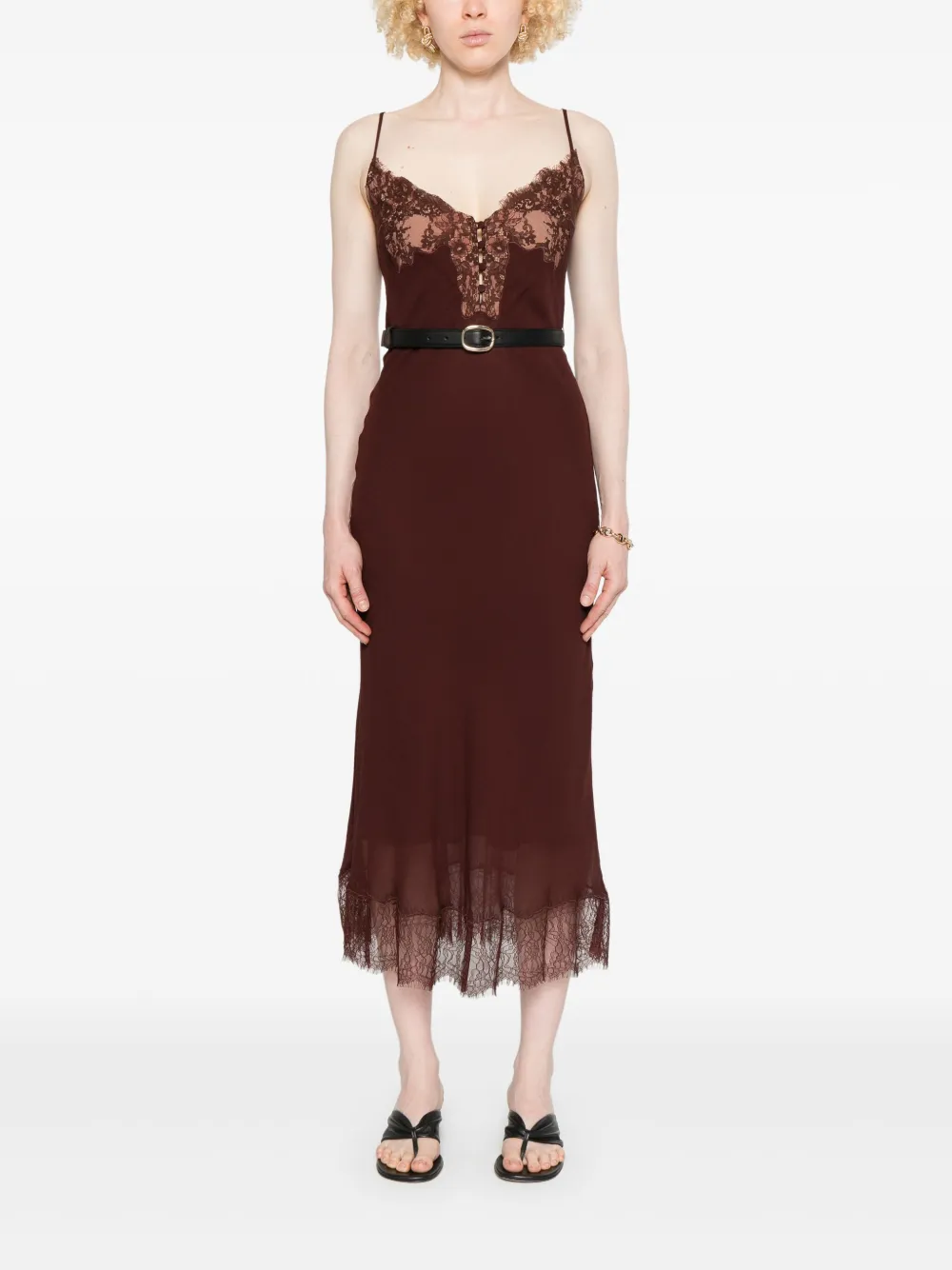 Self-portrait Self Portrait Brown Lace Insert Midi Dress In Brown