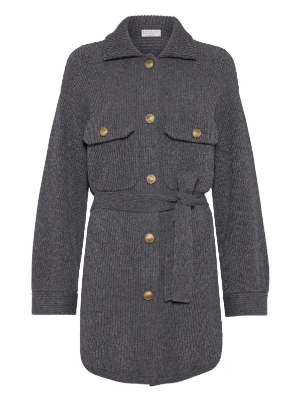 Brunello Cucinelli Ribbed Wool Belted Cardigan | Grey | FARFETCH