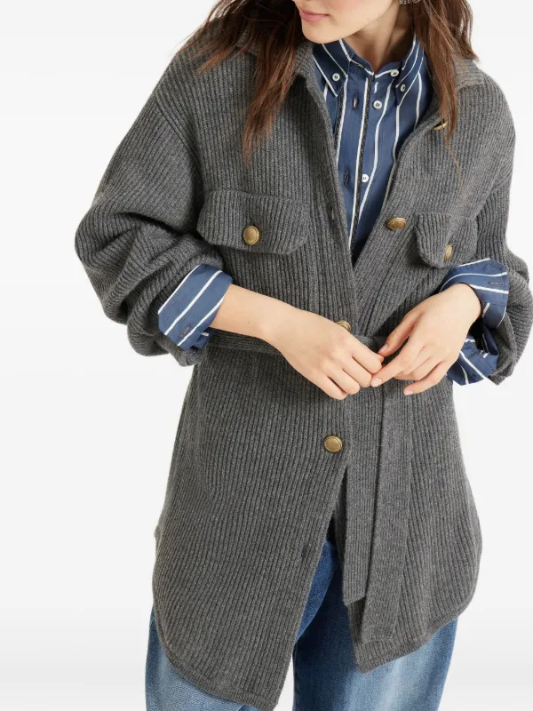 Brunello Cucinelli Ribbed Wool Belted Cardigan | Grey | FARFETCH