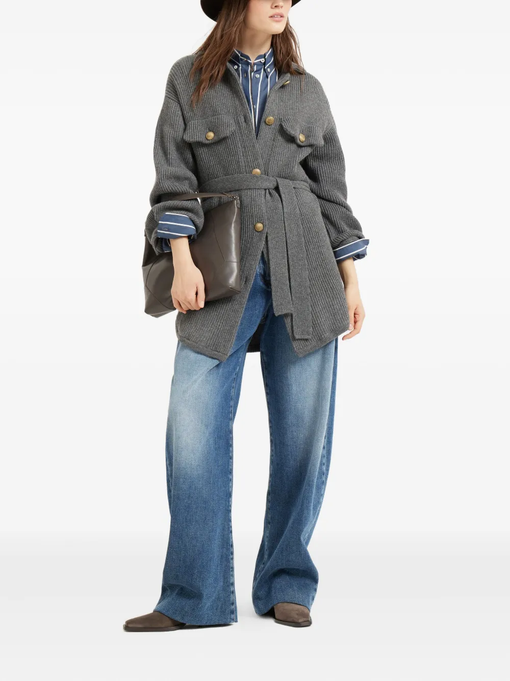 Brunello Cucinelli ribbed wool belted cardigan Grijs