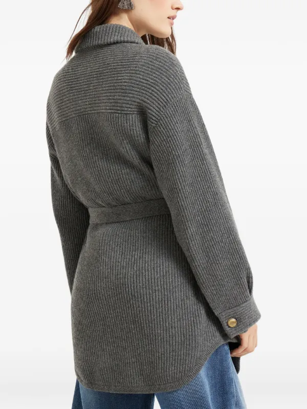 Brunello Cucinelli Ribbed Wool Belted Cardigan | Grey | FARFETCH AO